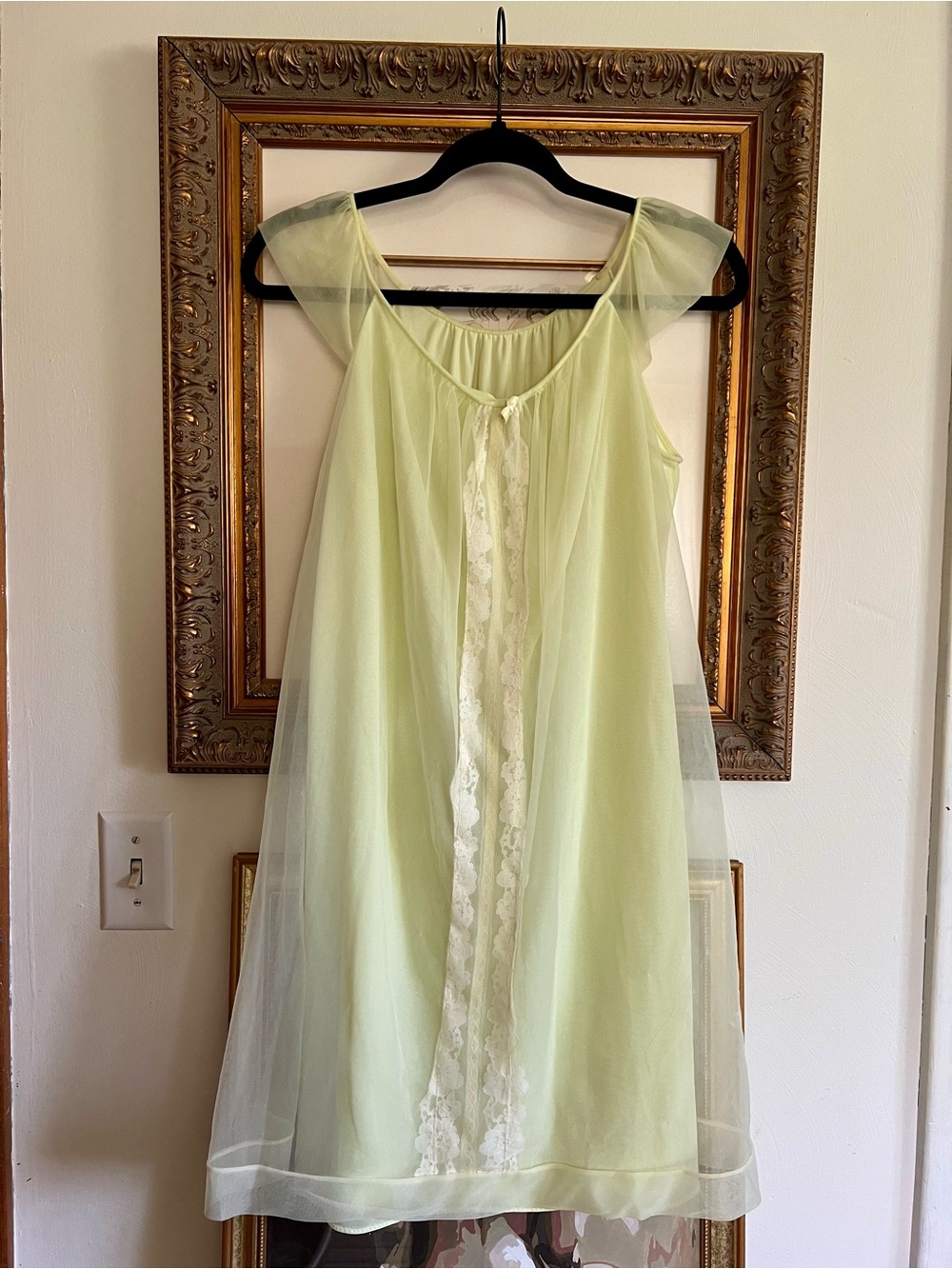 Rare Vintage Pale Yellow Sheer Lace-Trim Nightgown